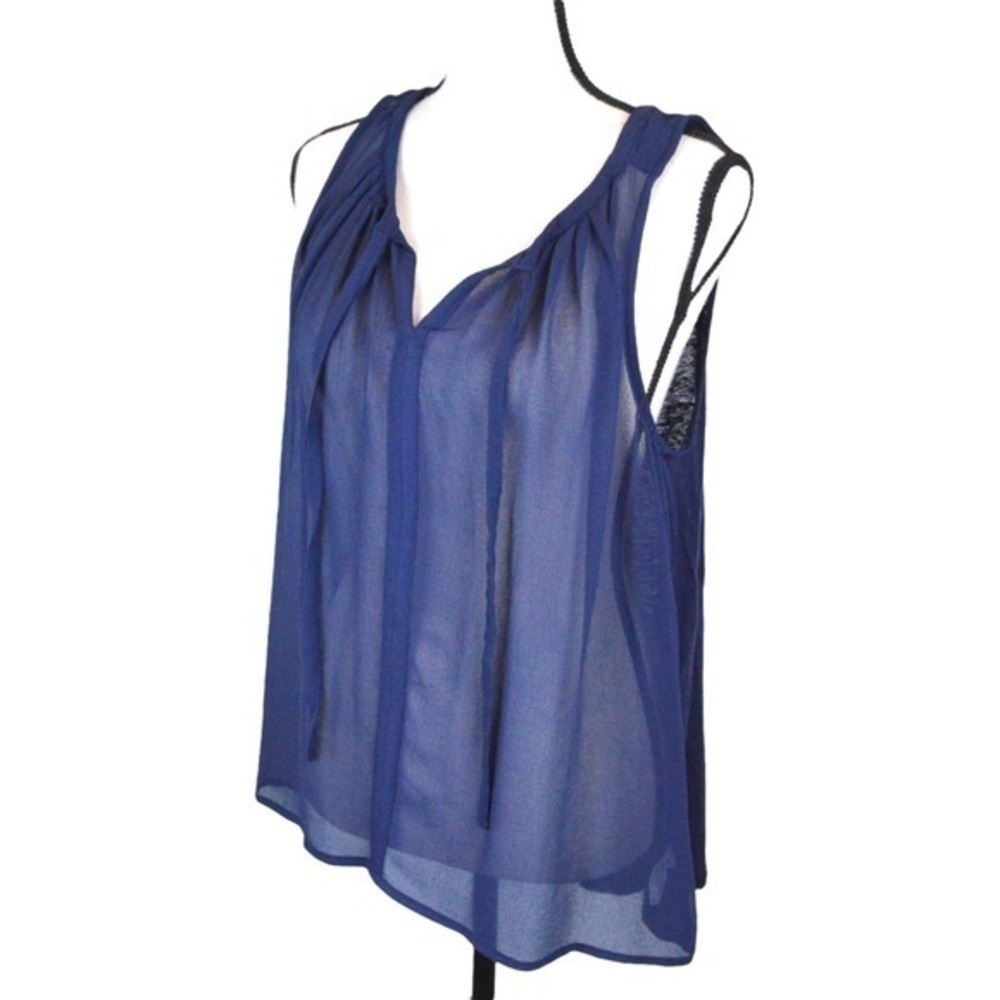 Merona Sheer Linen Front T-Shirt Back Split V Neck Sleeveless Blouse Navy Medium
